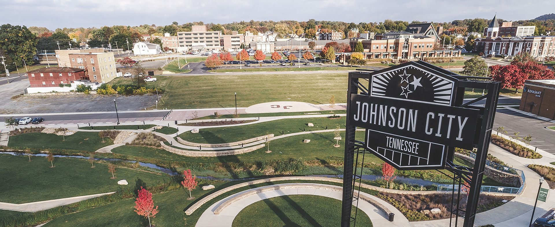 An aerial view of downtown Johnson City Tennessee with the new Johnson City sign in the foreground