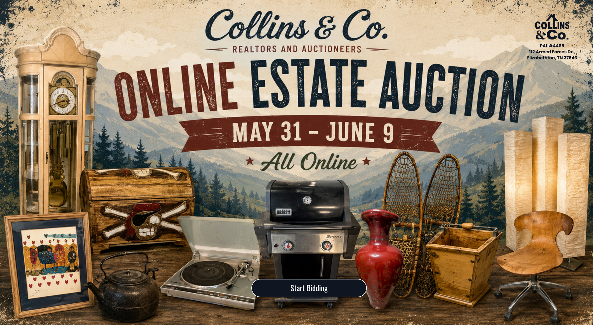 Collins & Co. online estate auction poster with antiques, May 31–June 9, featuring clocks, furniture and decor