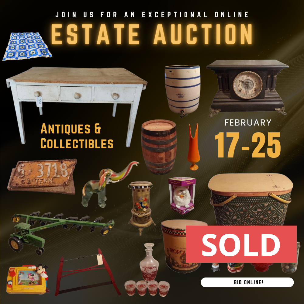 An estate auction flyer that took place online february 17-25 selling antiques, collectibles, farm equipment, furniture, and more - Sold & closed by Collins & Co.