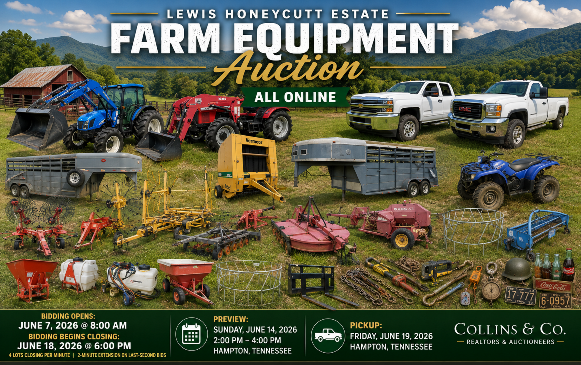 Farm equipment auction ad with tractors, trailers, and trucks displayed in a grassy field under a cloudy sky