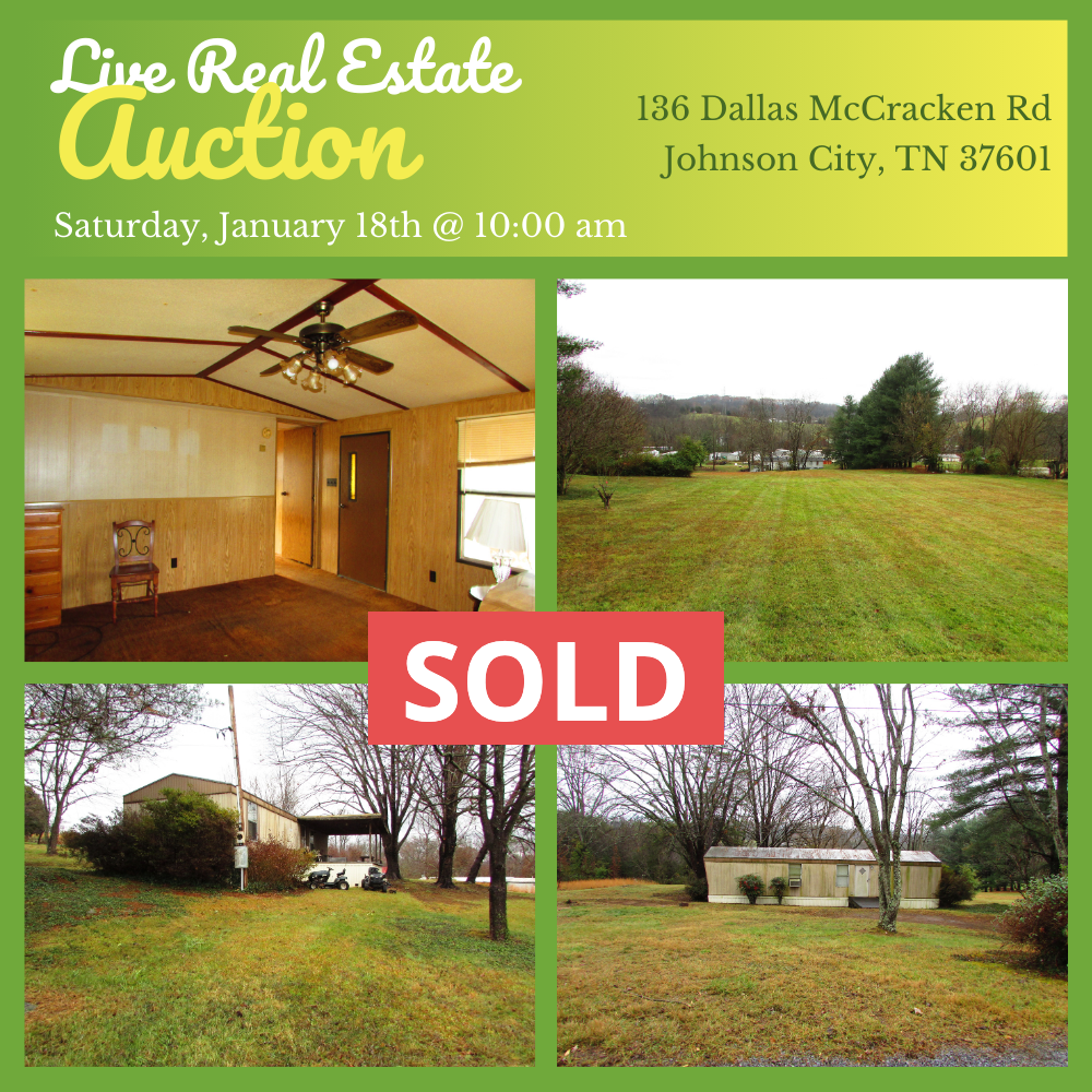 An advertisement for a live real estate auction in Elizabethton Tennessee SOLD by Collins & Co.