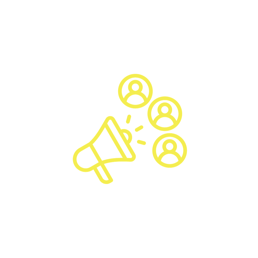 A yellow line icon of a megaphone surrounded by people.