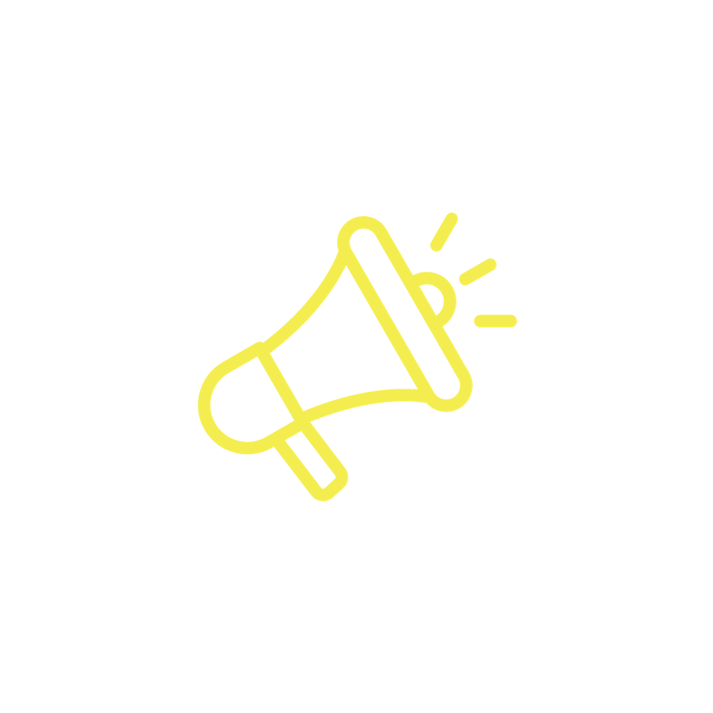 A yellow line icon of a megaphone on a white background.