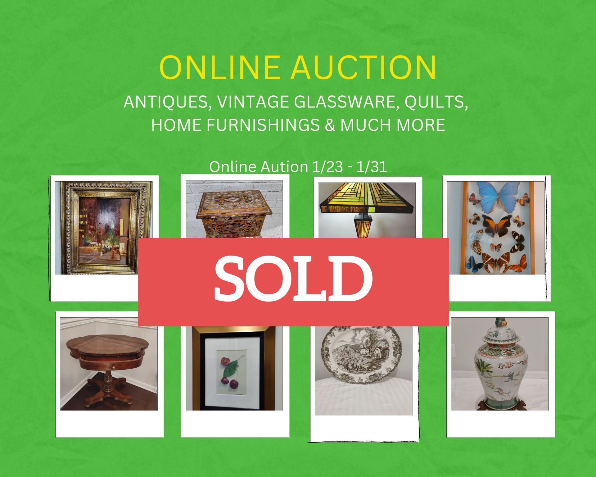 An online auction for antiques vintage glassware quilts home furnishings and much more