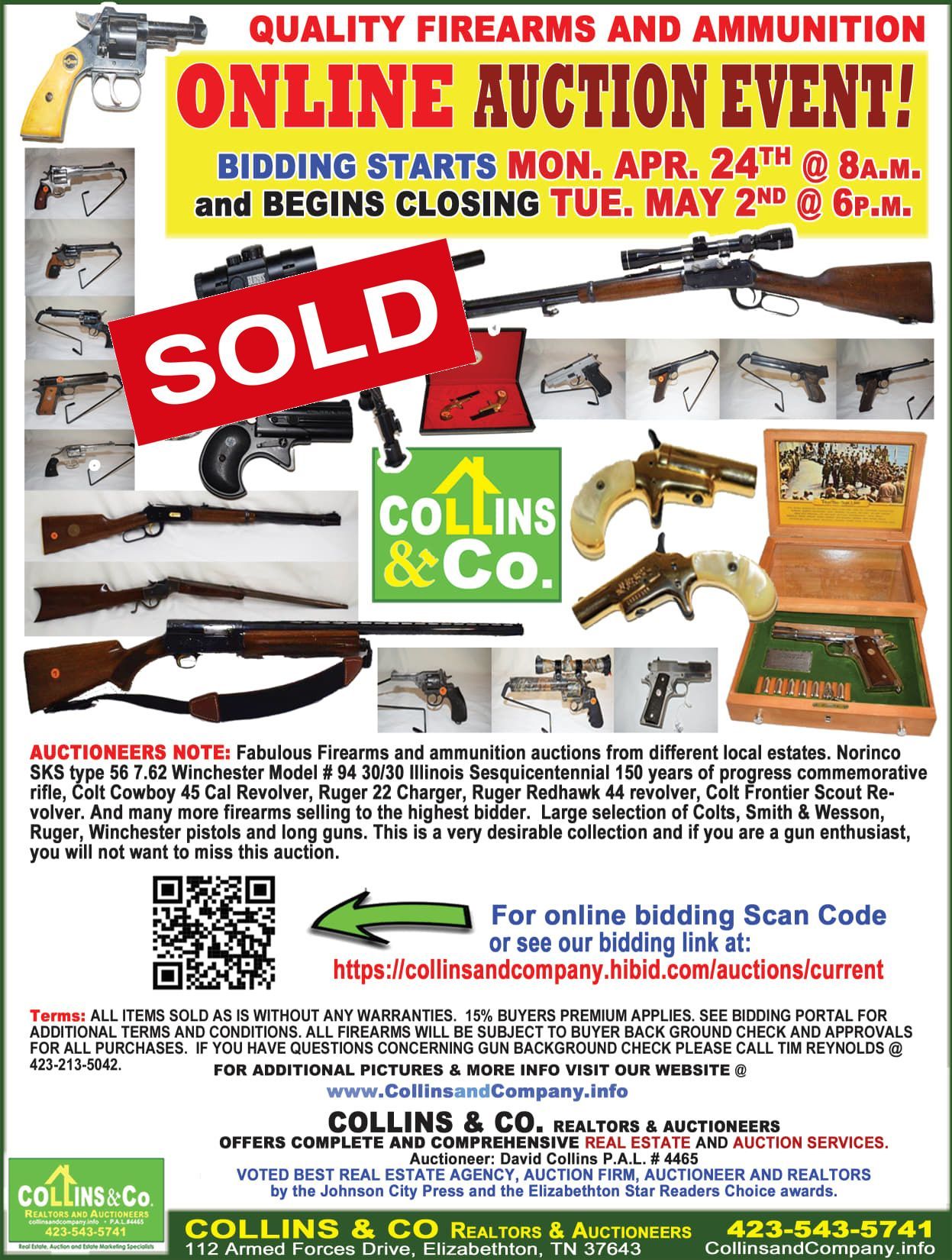 A flyer for a quality firearms and ammunition online auction event.