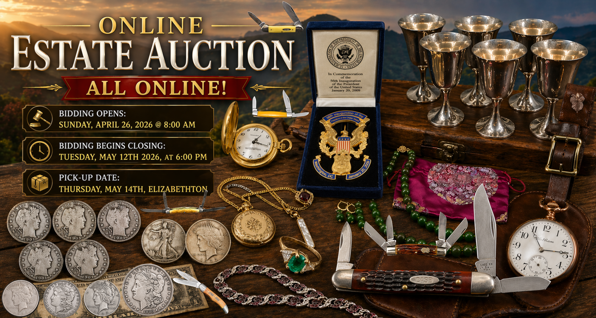 Online estate auction flyer with watches, coins, silver cups, jewelry, and collectibles on a dark background
