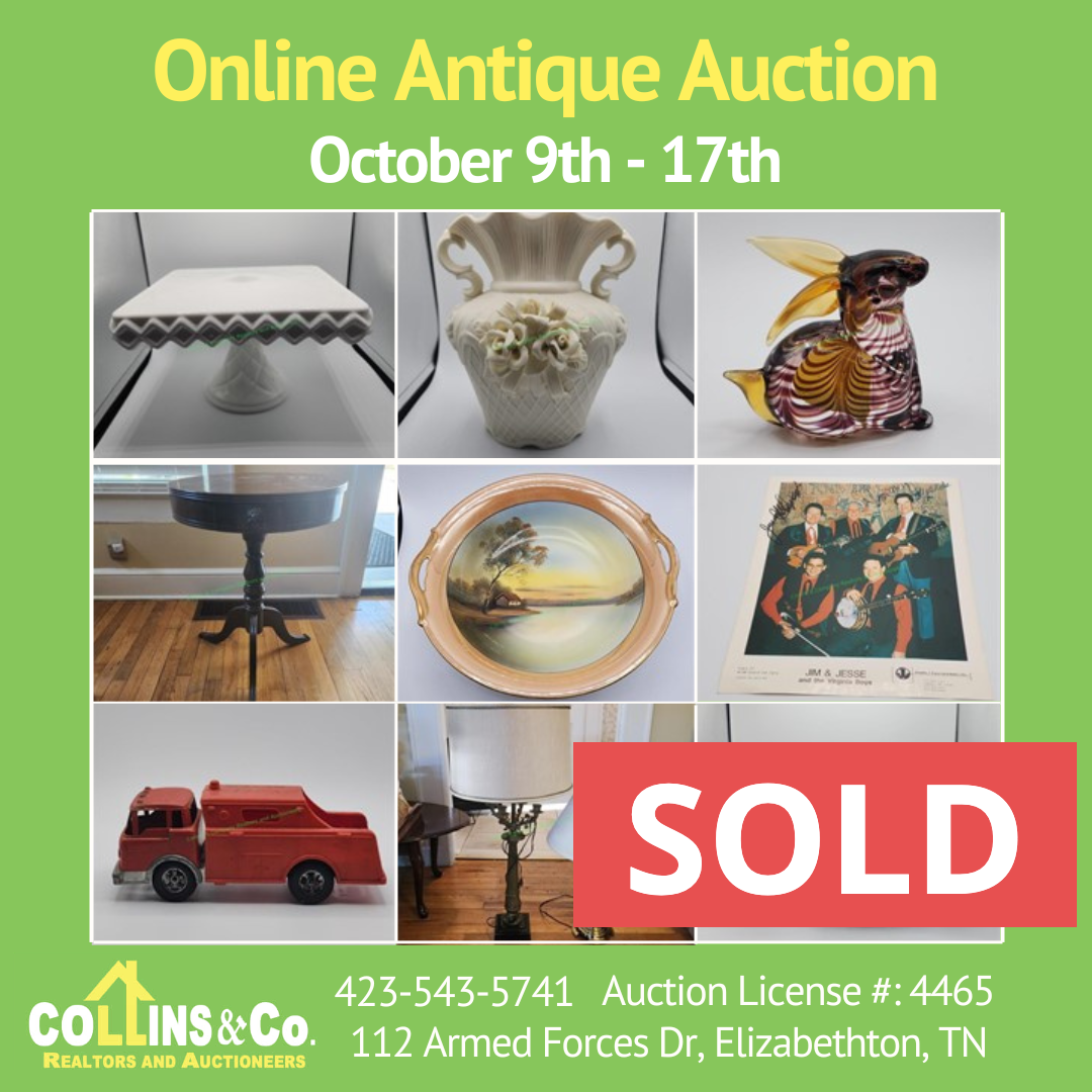 SOLD ONLINE ANTIQUE AUCTION BY COLLINS & CO. - IMAGES OF A LAMP, DECOR, TABLES, VASES, ANTIQUE TOY TRUCK, AND MORE