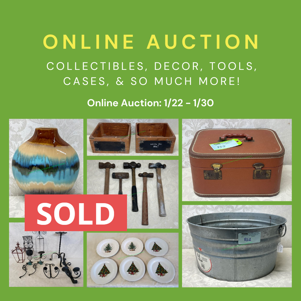 An advertisement for an online auction with collectibles , decor , tools , cases , and so much more.