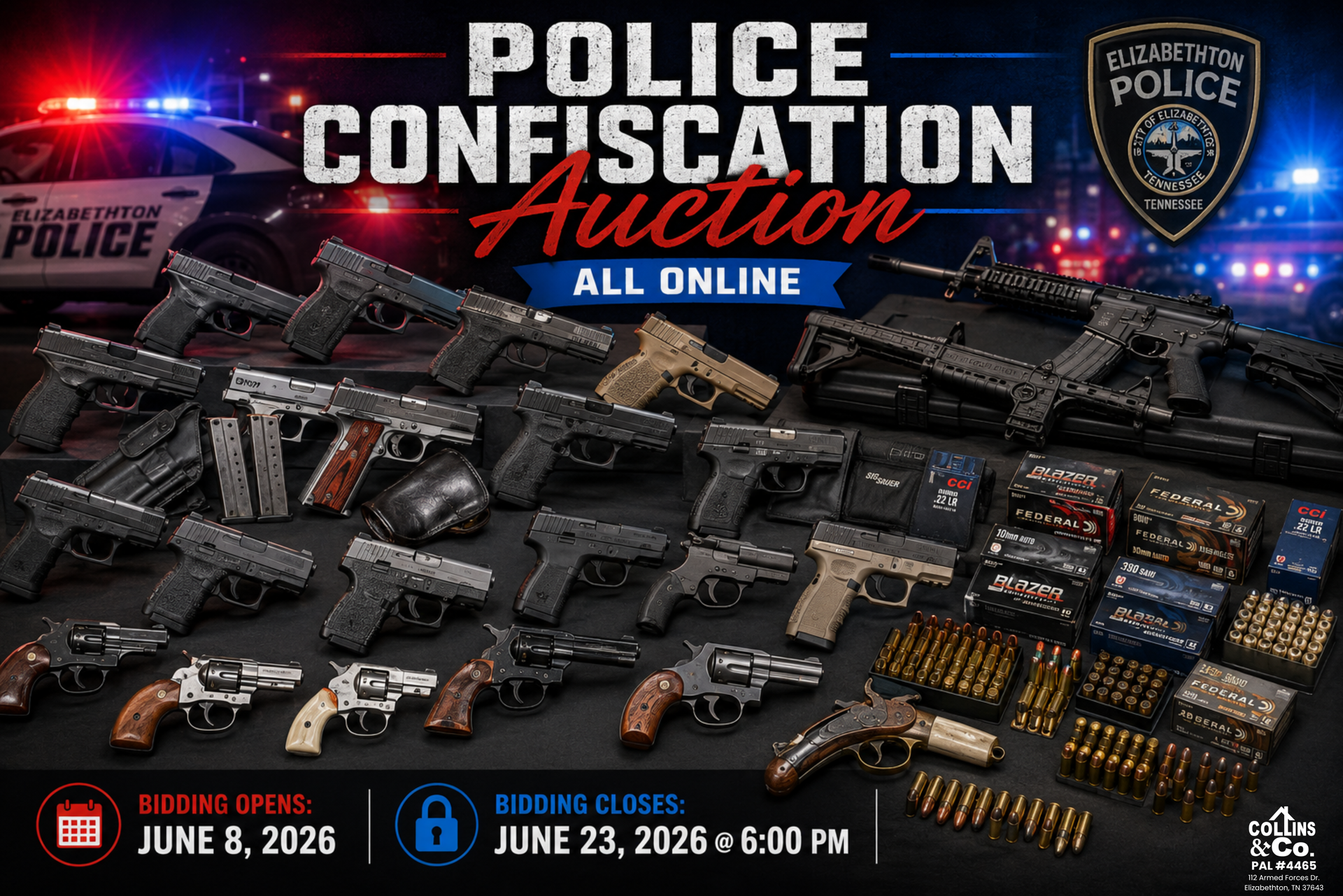 Police confiscated guns and ammo displayed for an all-online auction with dates and police badges.