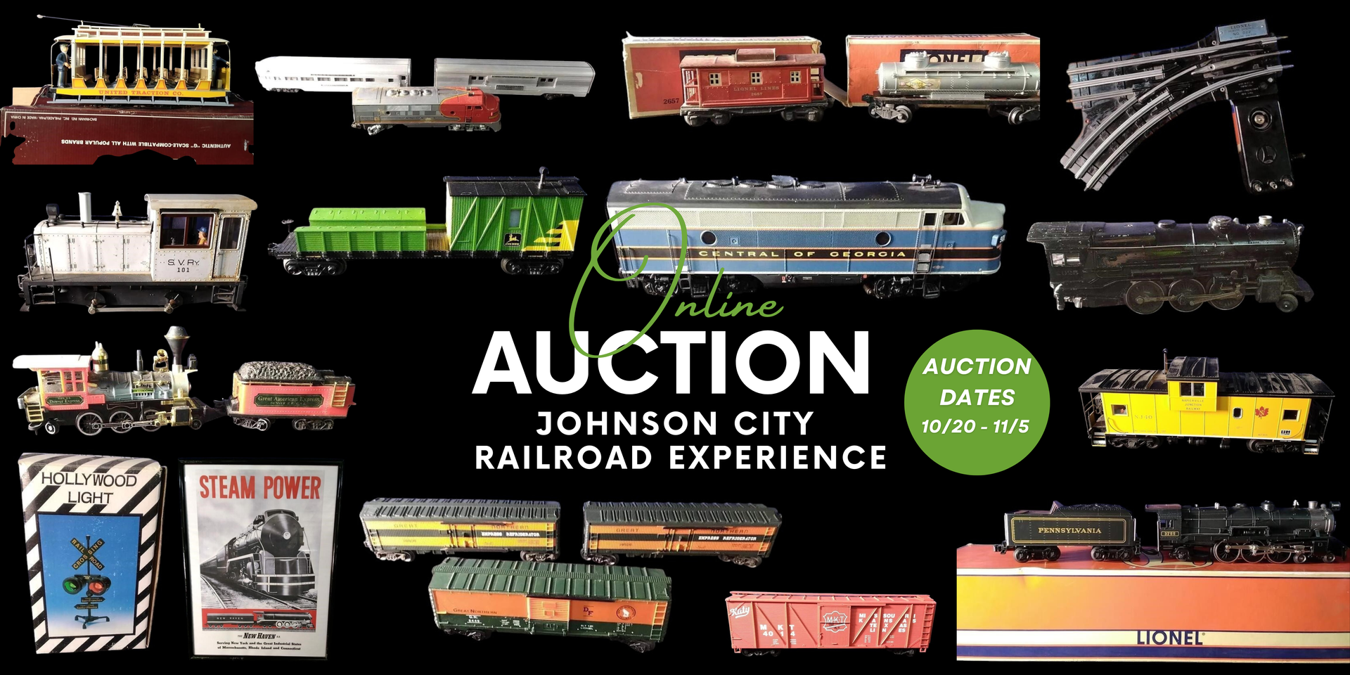 Auction poster of model trains. Johnson City Railroad Experience. Dates are March 10-11.
