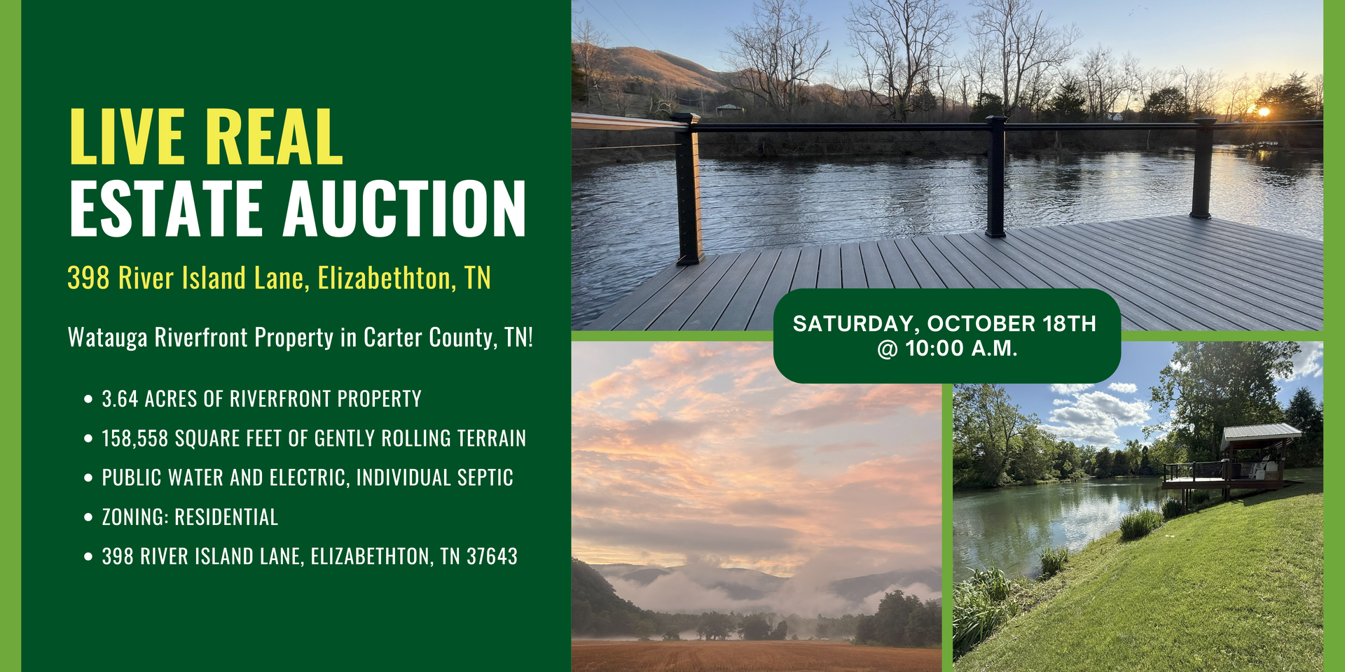 Real estate auction for Watauga Riverfront Property in Carter County, TN. Saturday, October 15th at 10:00 AM.