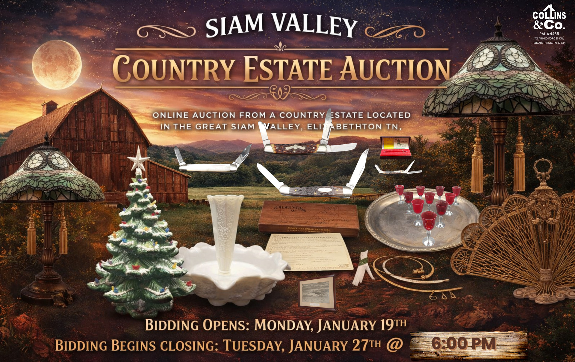 Auction advertisement. Siam Valley Country Estate Auction. Bidding opens January 19th, closes January 27th at 6:00 PM. Includes various antiques.