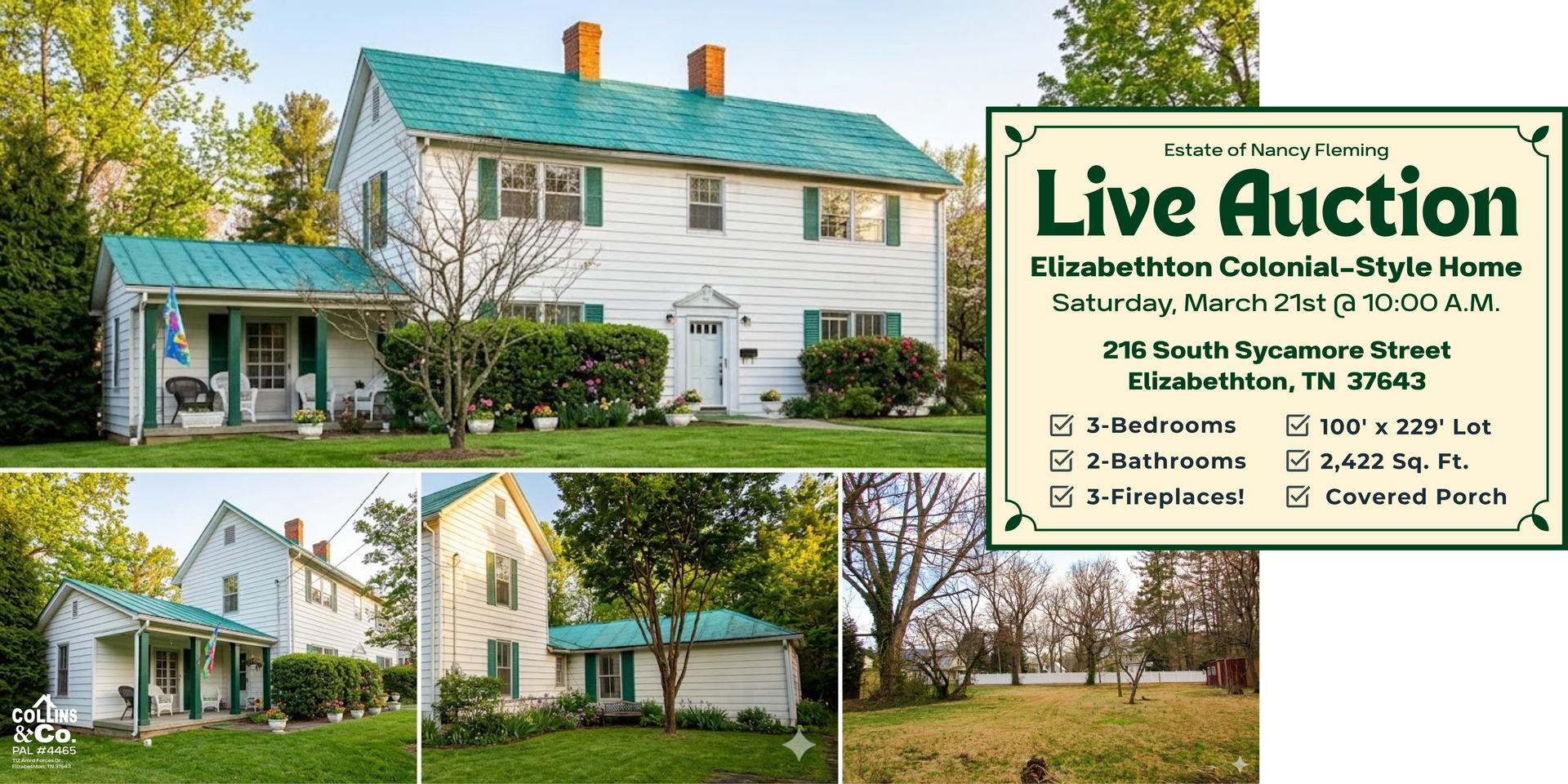 White colonial home with green roof and shutters; Live auction sign and a grassy lot.