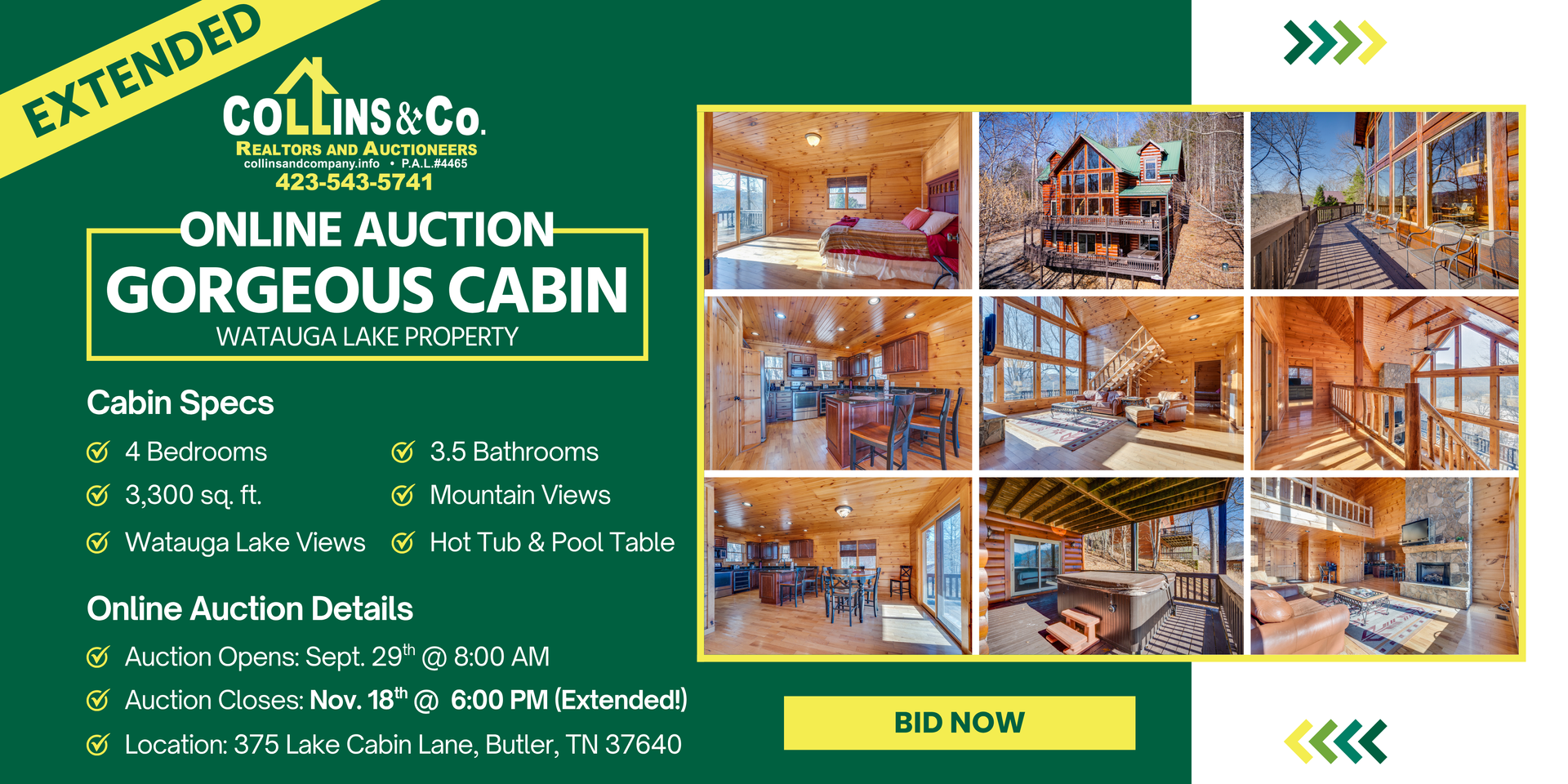 Online auction advertisement for a gorgeous cabin at Watauga Lake, featuring multiple interior photos.