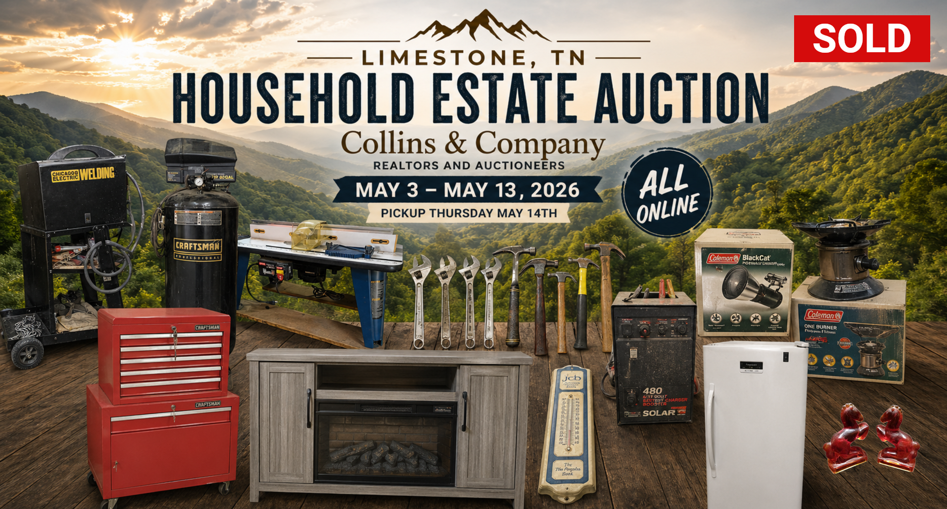Limestone, TN household estate auction sign with furniture and decor, “Sold” badge, dated May 3–13, 2026