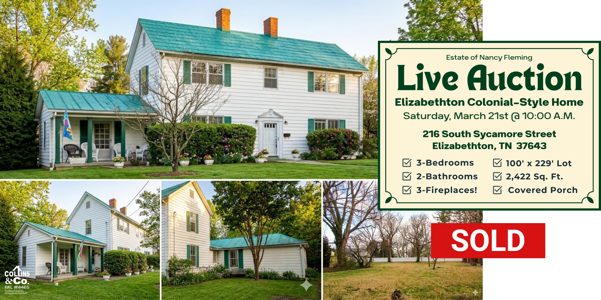 A real estate flyer for a white Colonial-style home with a green roof, marked 