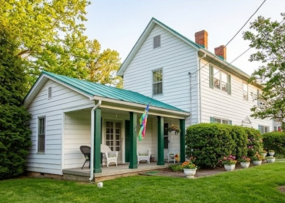 White farmhouse with green porch and roof, surrounded by green grass and bushes, under a blue sky.