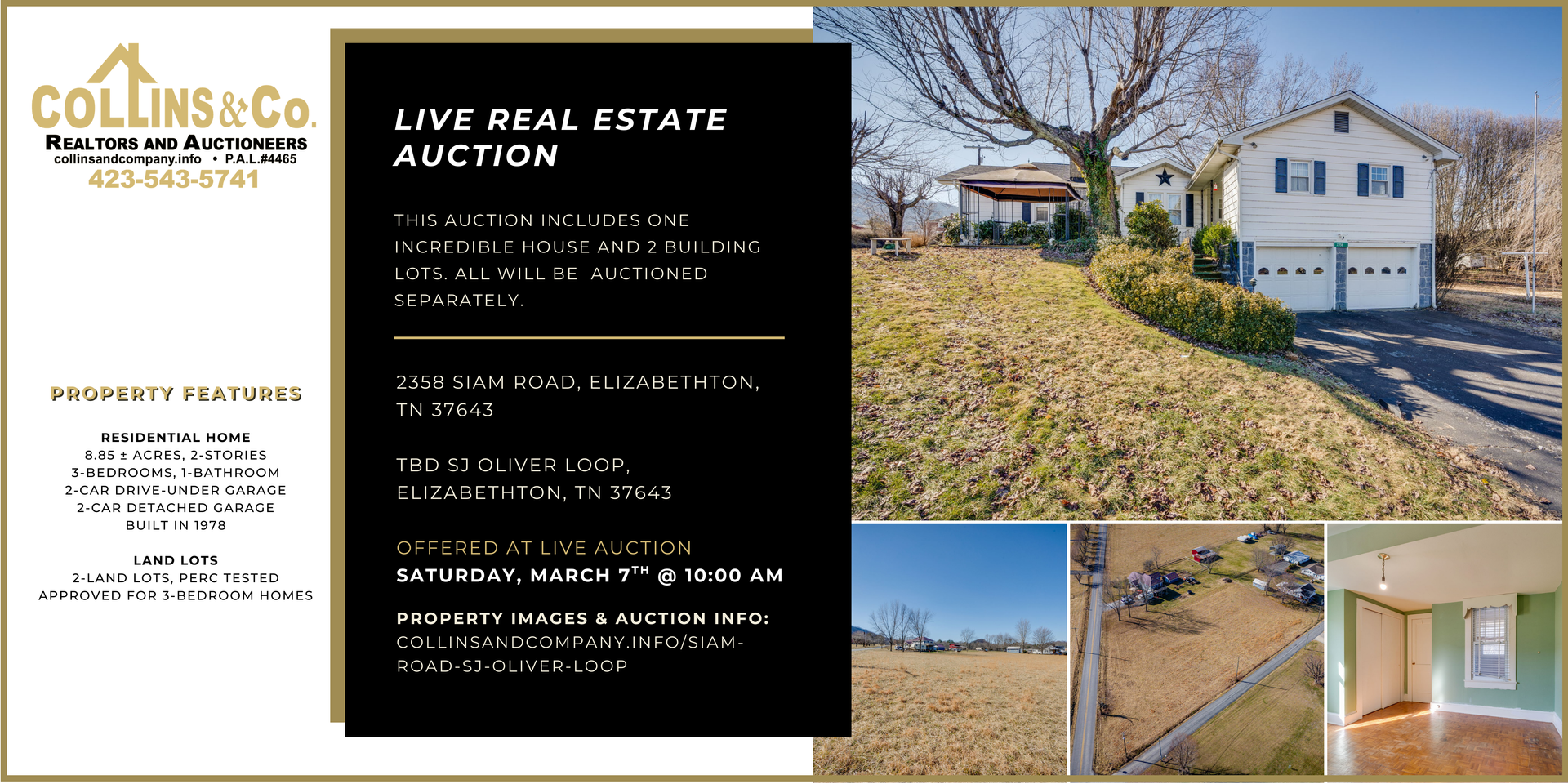 Real estate auction advertisement with a house and property details.