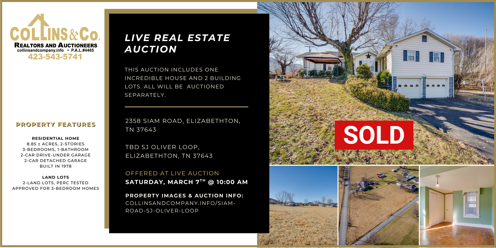 Flyer for a Collins & Co. live real estate auction of a home in Eagleville, TN, featuring property photos labeled 