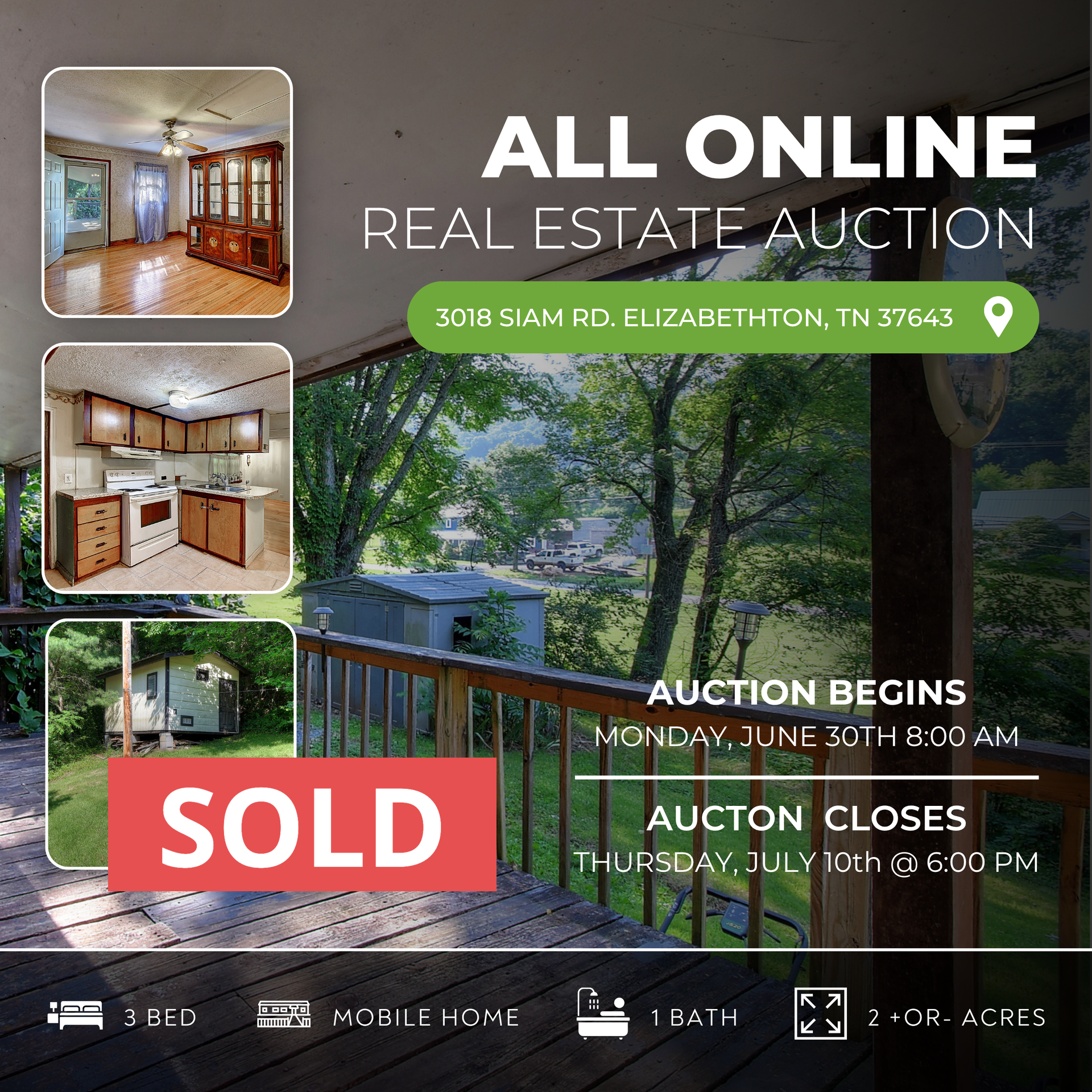 Real estate auction advertisement for a mobile home in Elizabethton, TN. Shows photos of the home's interior and exterior, and details about the online auction.
