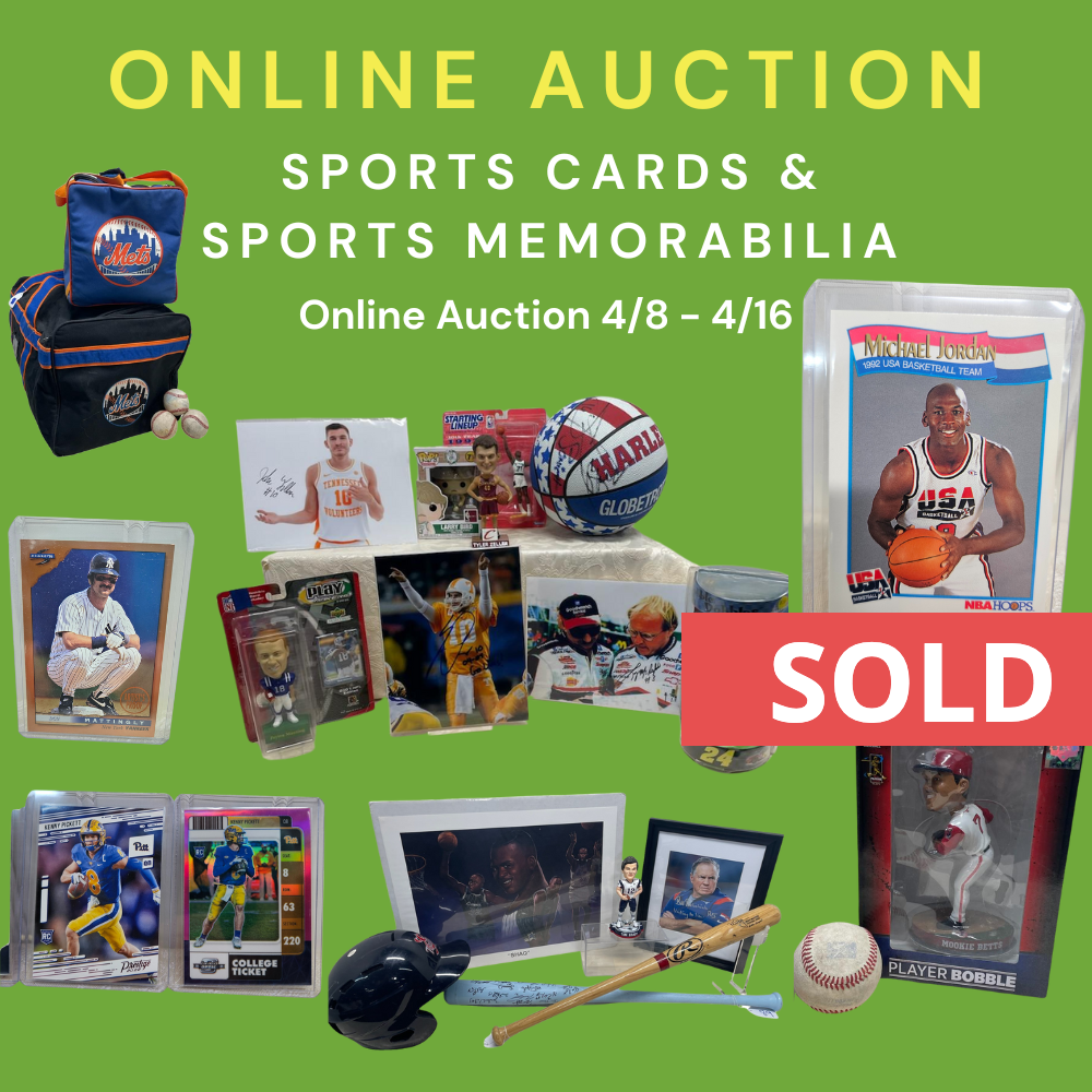 An advertisement for an online auction of sports cards and sports memorabilia