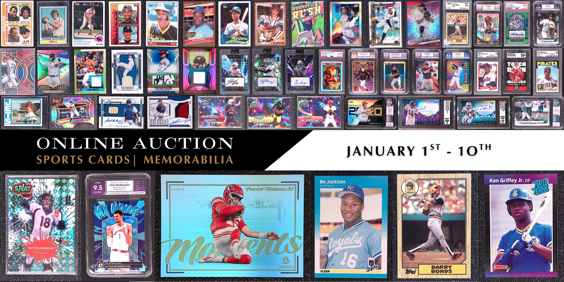 Online auction for sports cards and memorabilia, January 1st-10th. Includes various sports cards and items.