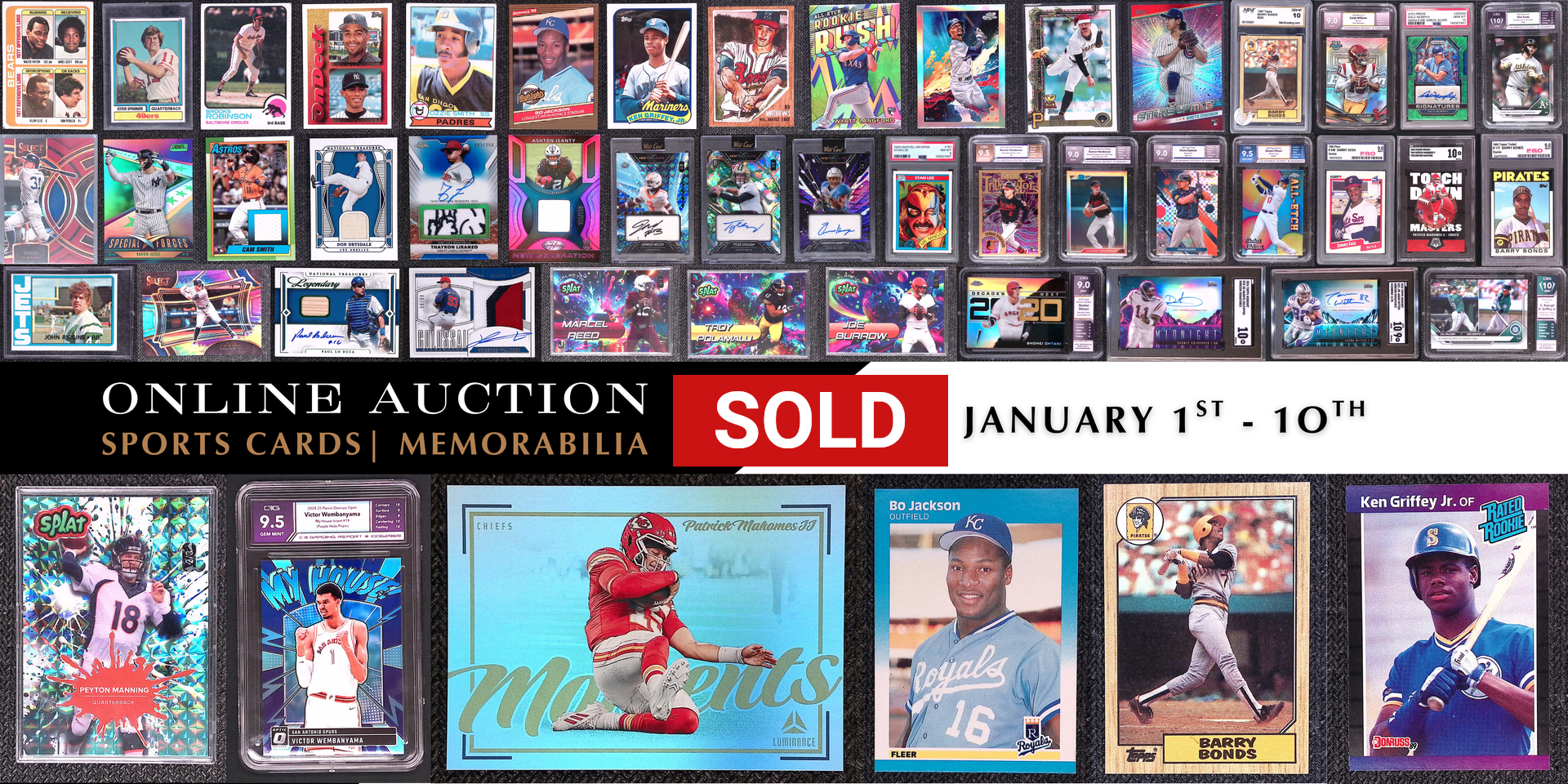 Sports cards and memorabilia sold in an online auction from January 1st to 10th.