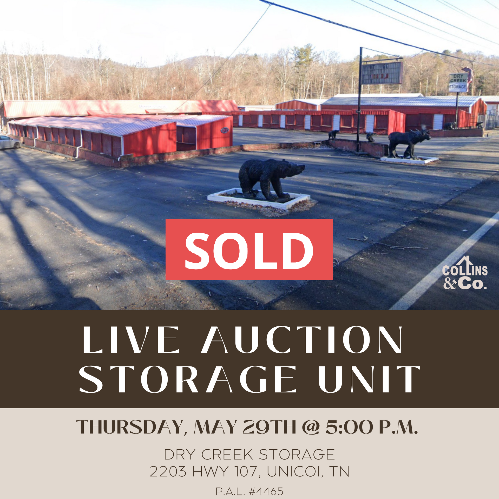 An advertisement for a live auction of a storage unit