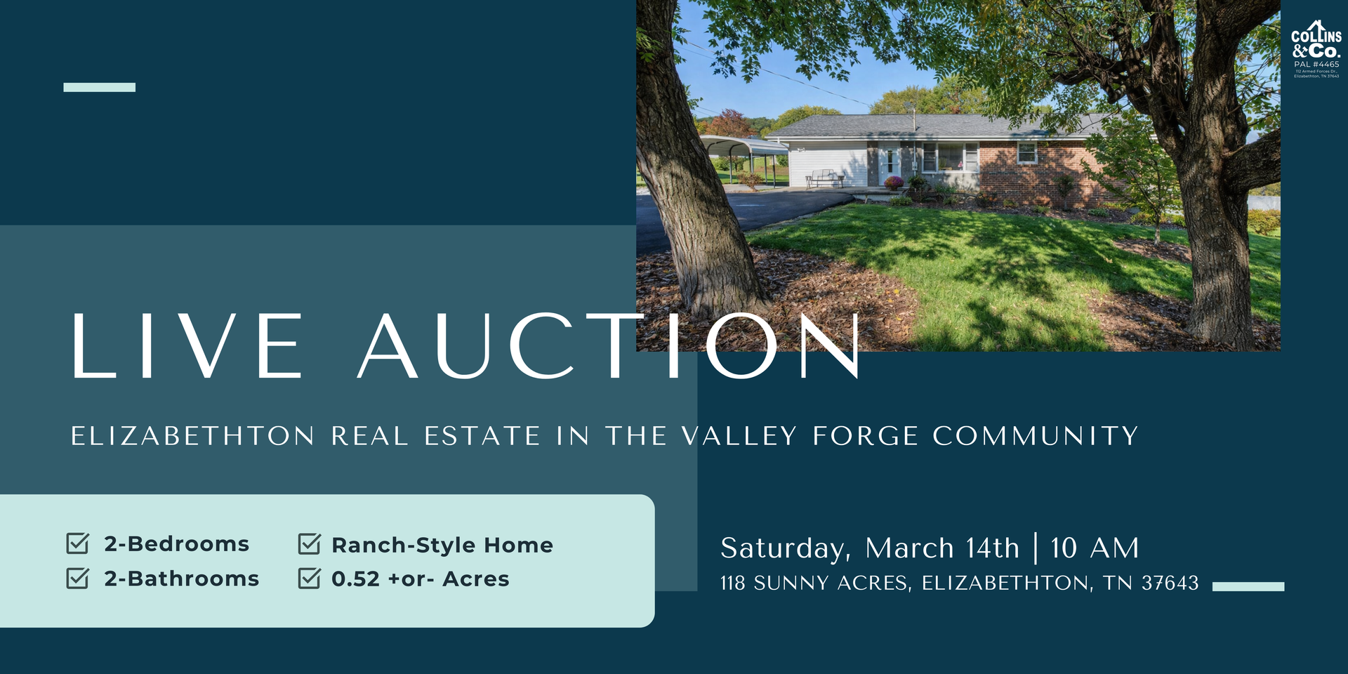 Real estate auction announcement: Elizabethton house in Valley Forge community.