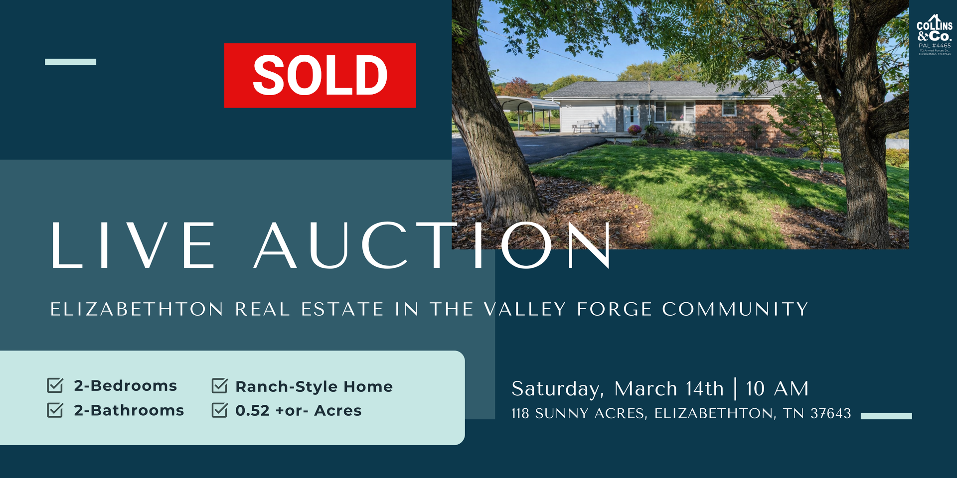A sold sign for a live auction in Elizabethton, TN featuring a ranch-style house, 2 beds, 2 baths, and 0.82 acres.