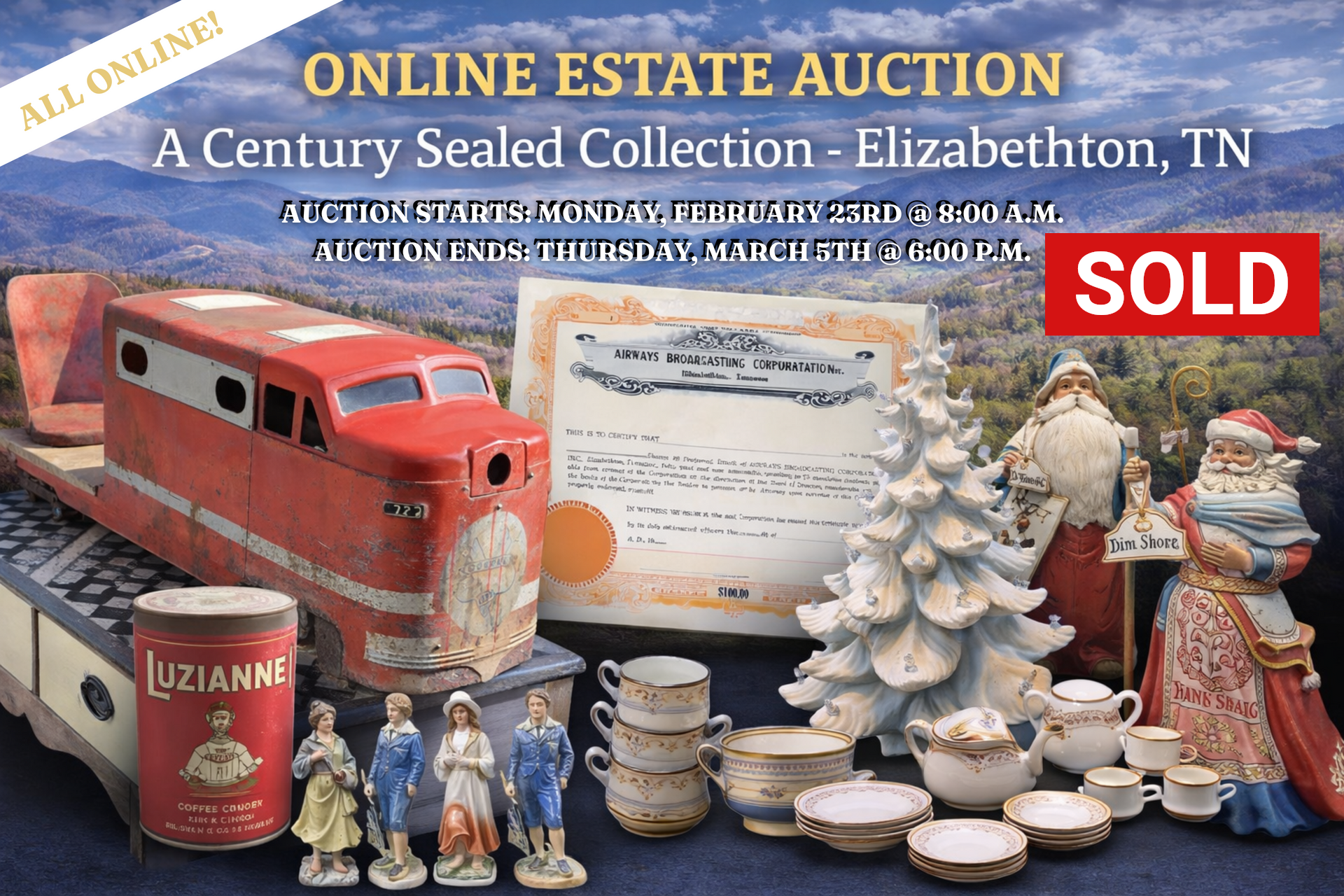 An online estate auction flyer for a 
