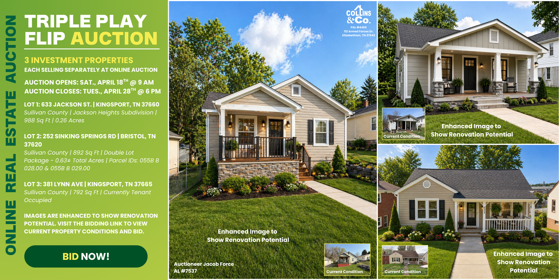 Triple Play Flip Auction flyer with three photos of a white house and green lawn, online real estate auction details