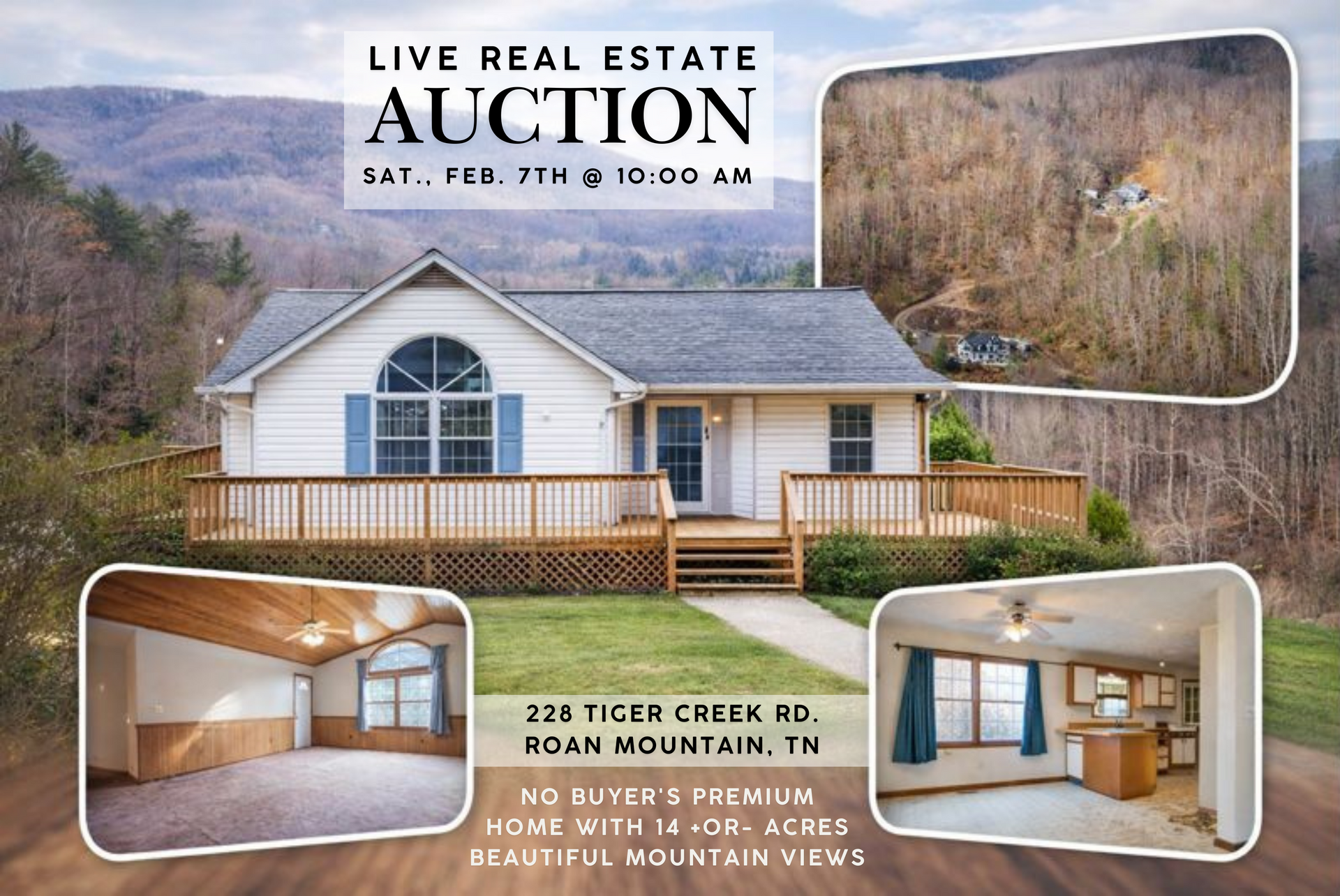 Real estate auction announcement: house with mountain views, Roan Mountain, TN, Feb 7th at 10:00 AM.