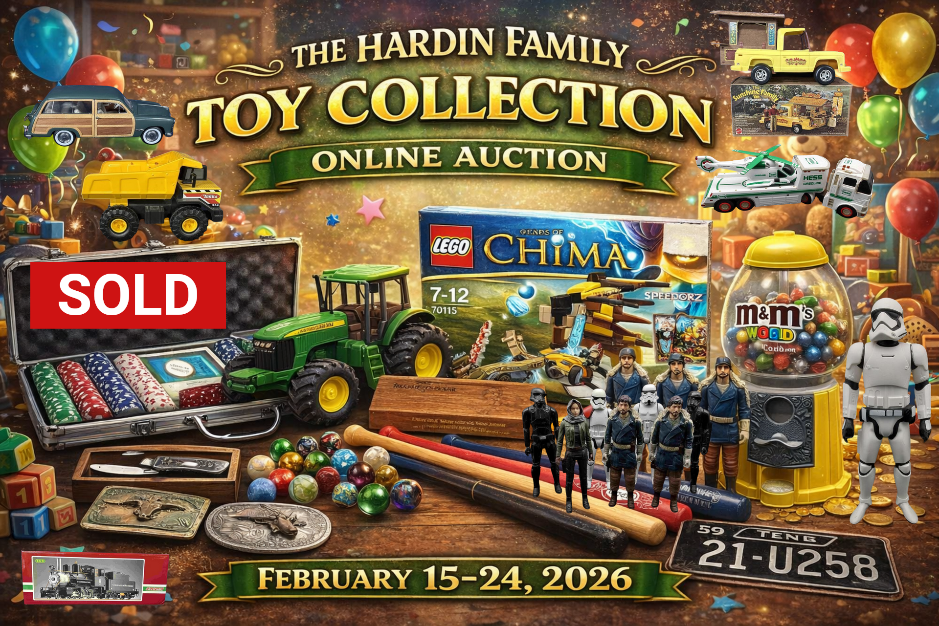 Online auction ad: The Hardin Family Toy Collection, featuring toys like LEGO, Star Wars figures, and tractors.