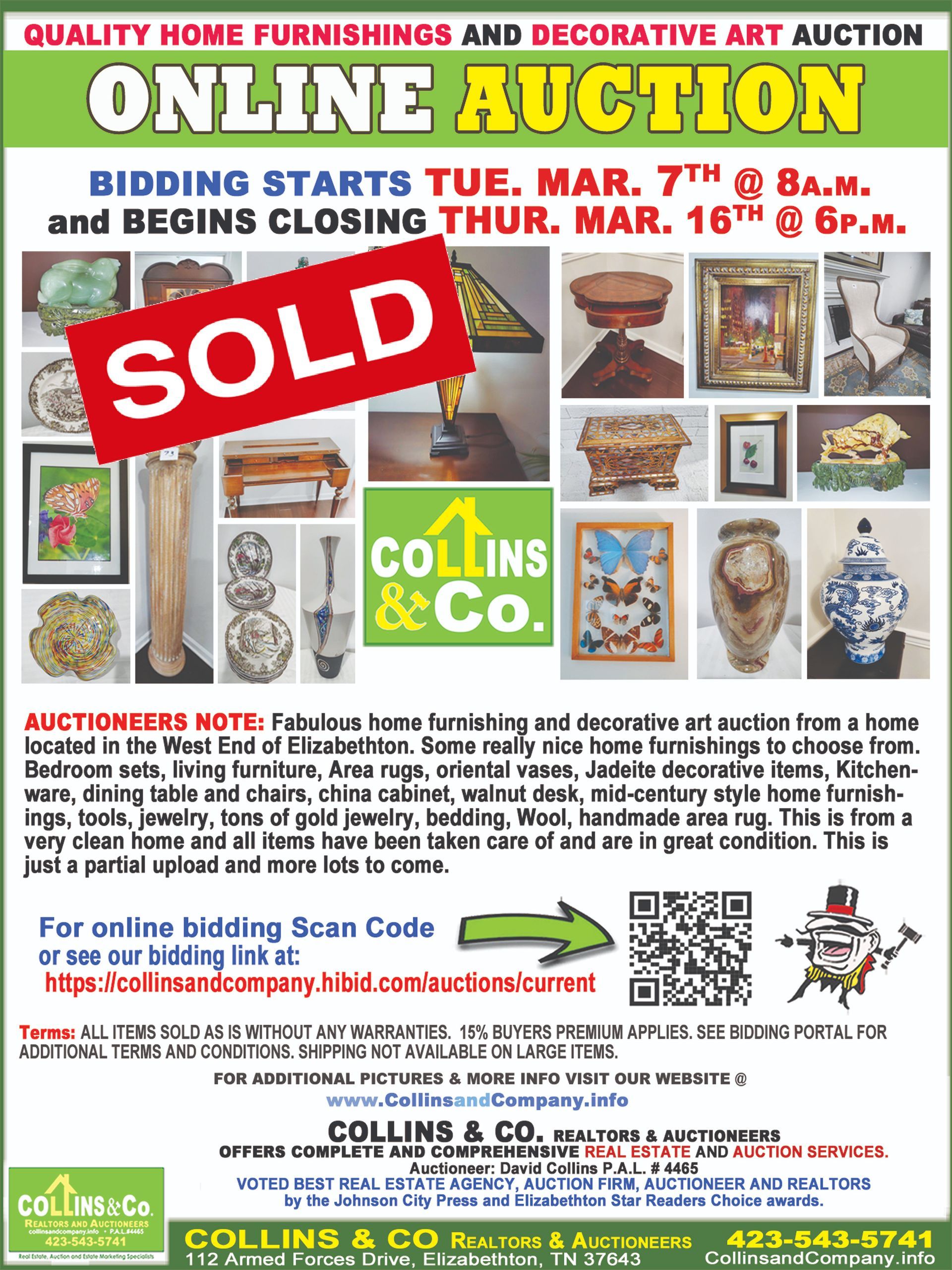 A flyer for an online auction with a sold sign on it