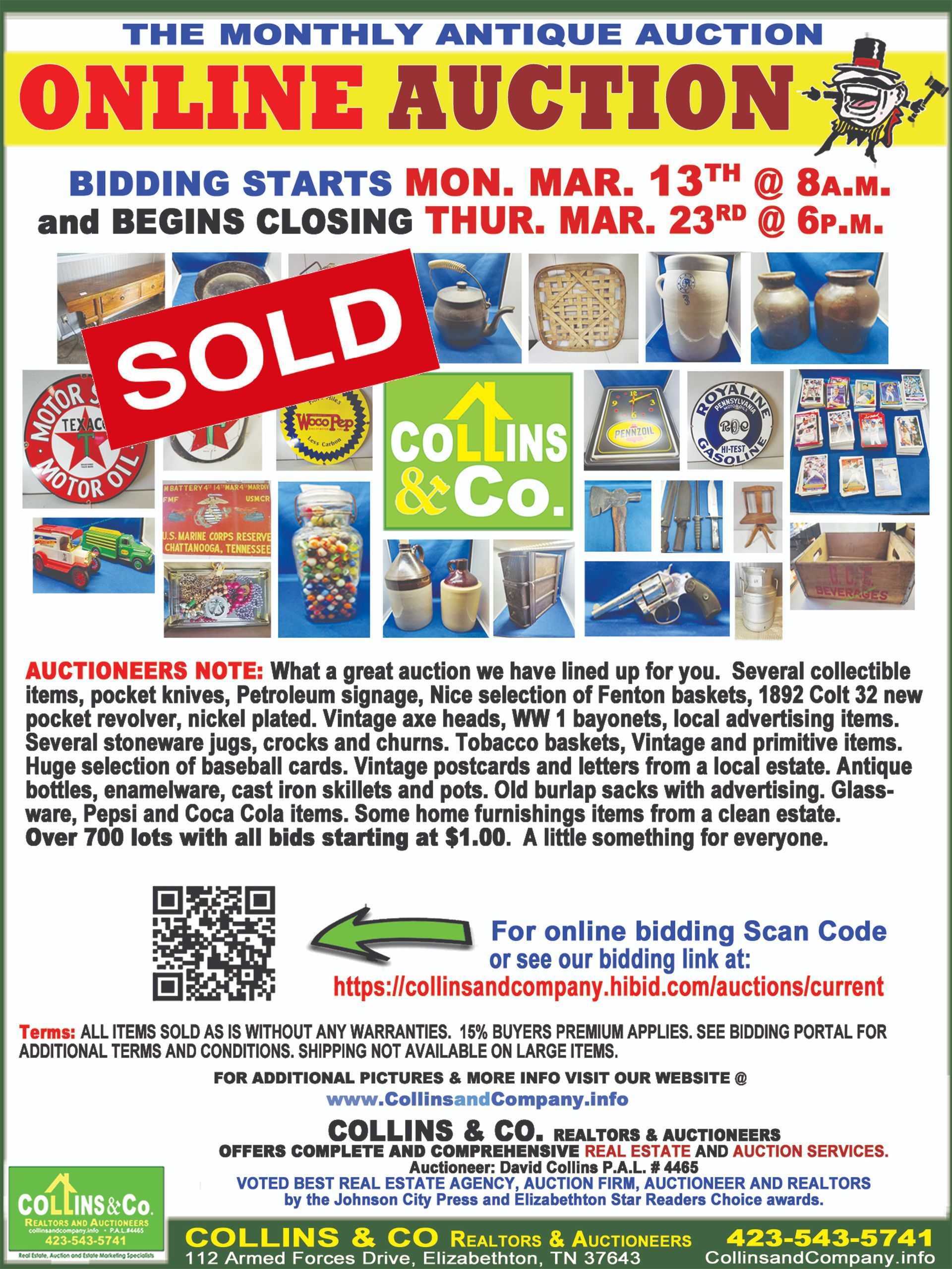 A poster for a monthly antique auction with a sold sign on it.