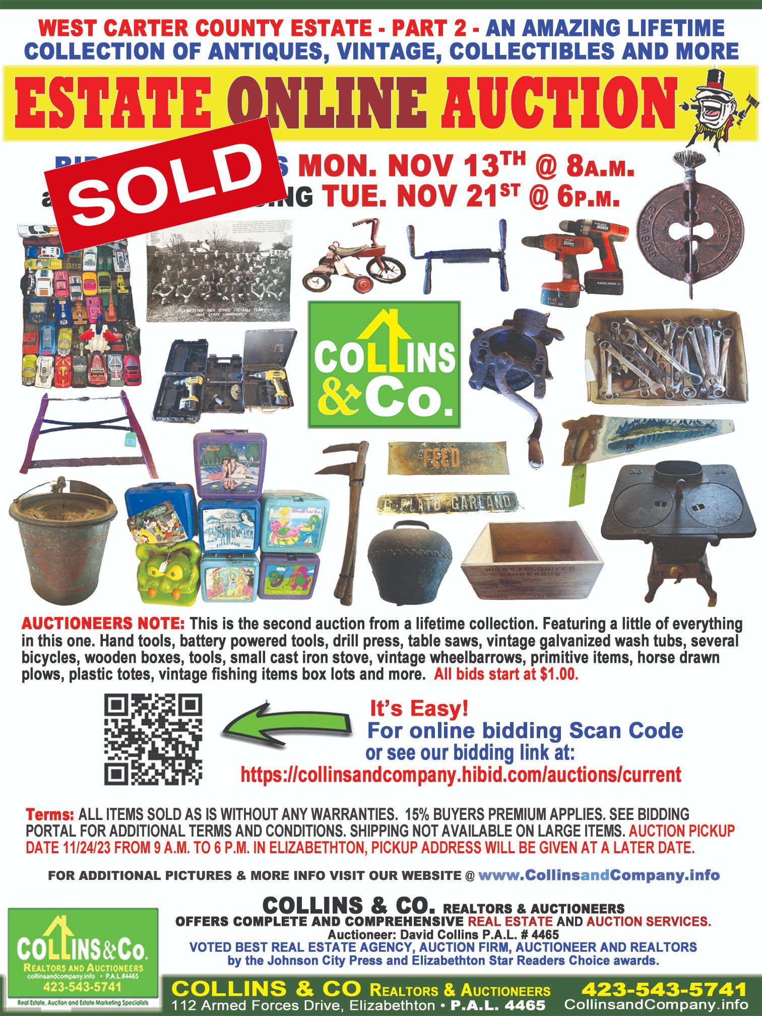 A flyer for an online auction of antiques , vintage , collectibles and more.