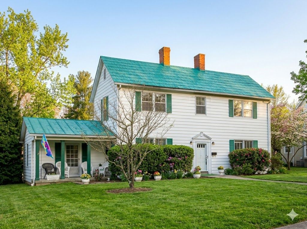 Two-story white house with green roof and shutters; lawn in front, trees in background, sunny day.