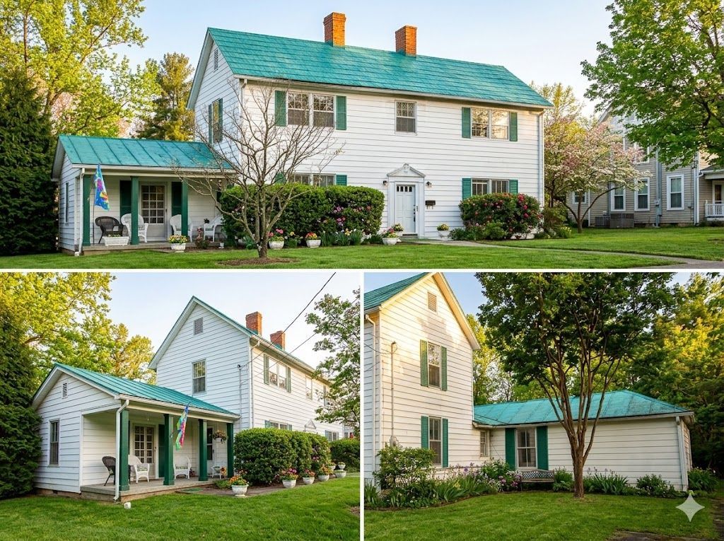 White house with green roof and shutters; multiple angles. Lush green yard with trees.