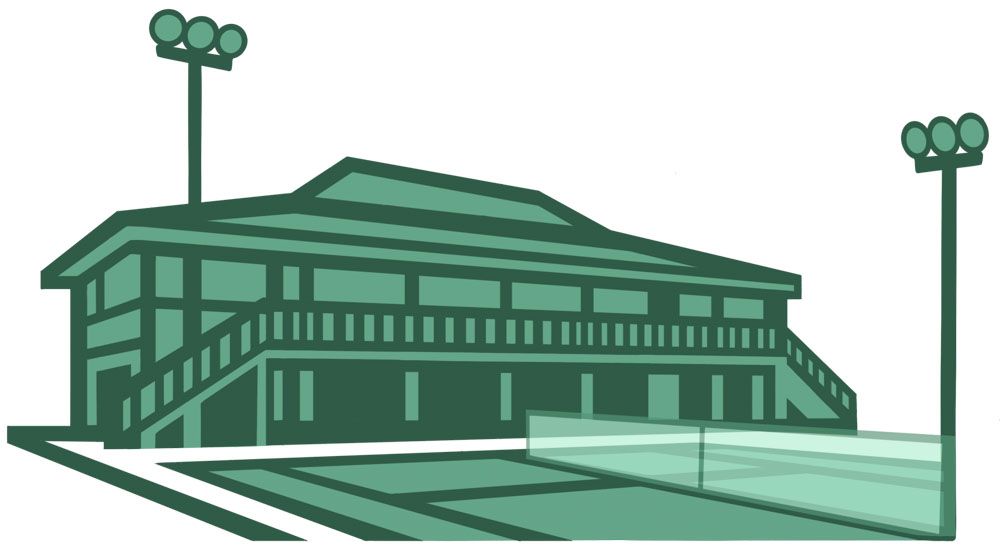 Tennis club building with floodlights and court.