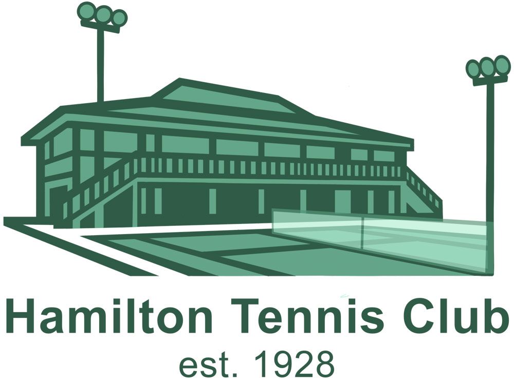 Hamilton Tennis Club logo. Green building with tennis court and light posts. Text: 