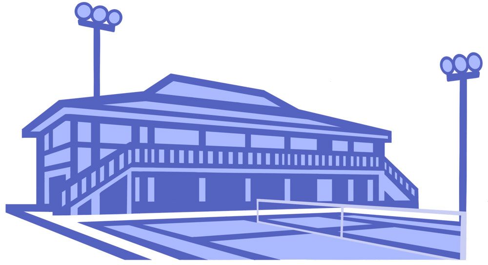 Tennis club with building, bleachers, and floodlights, beside a court.