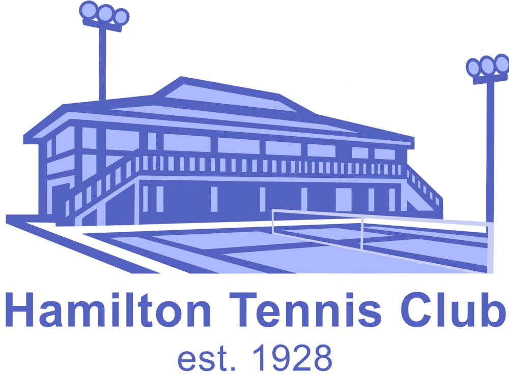 Hamilton Tennis Club logo featuring a blue building, tennis court, and text: 