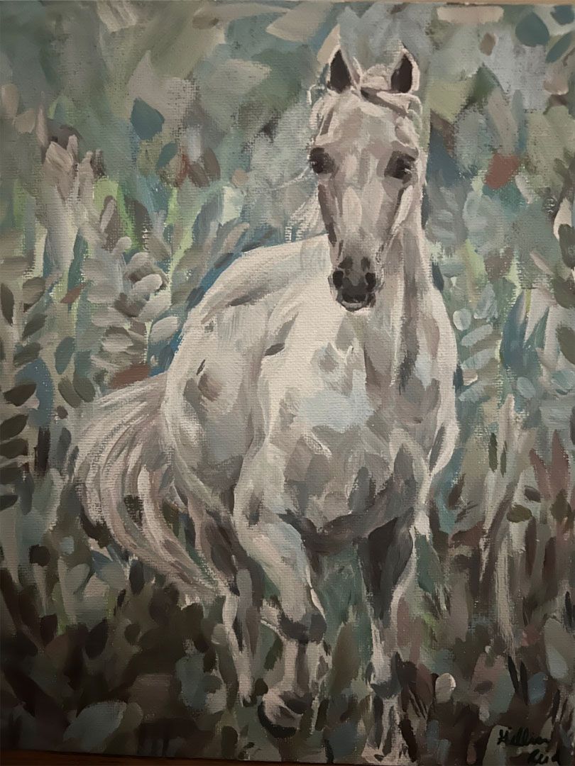 White horse in a field of foliage, looking forward. Painted in shades of white, gray, and green.