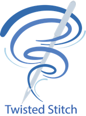 A logo for twisted stitch with a needle in the shape of a tornado