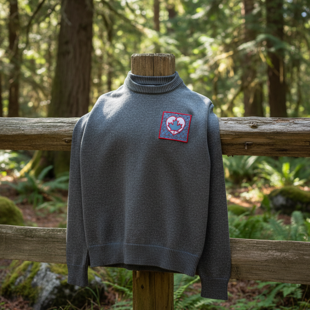 Gray turtleneck sweater with a heart-shaped design patch on a wooden post in a forest.
