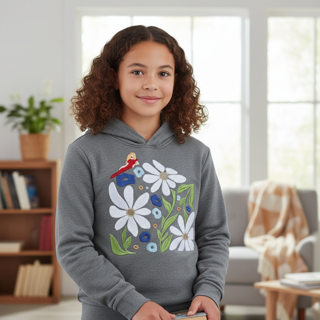 Girl in gray hoodie with flower design, smiling indoors.