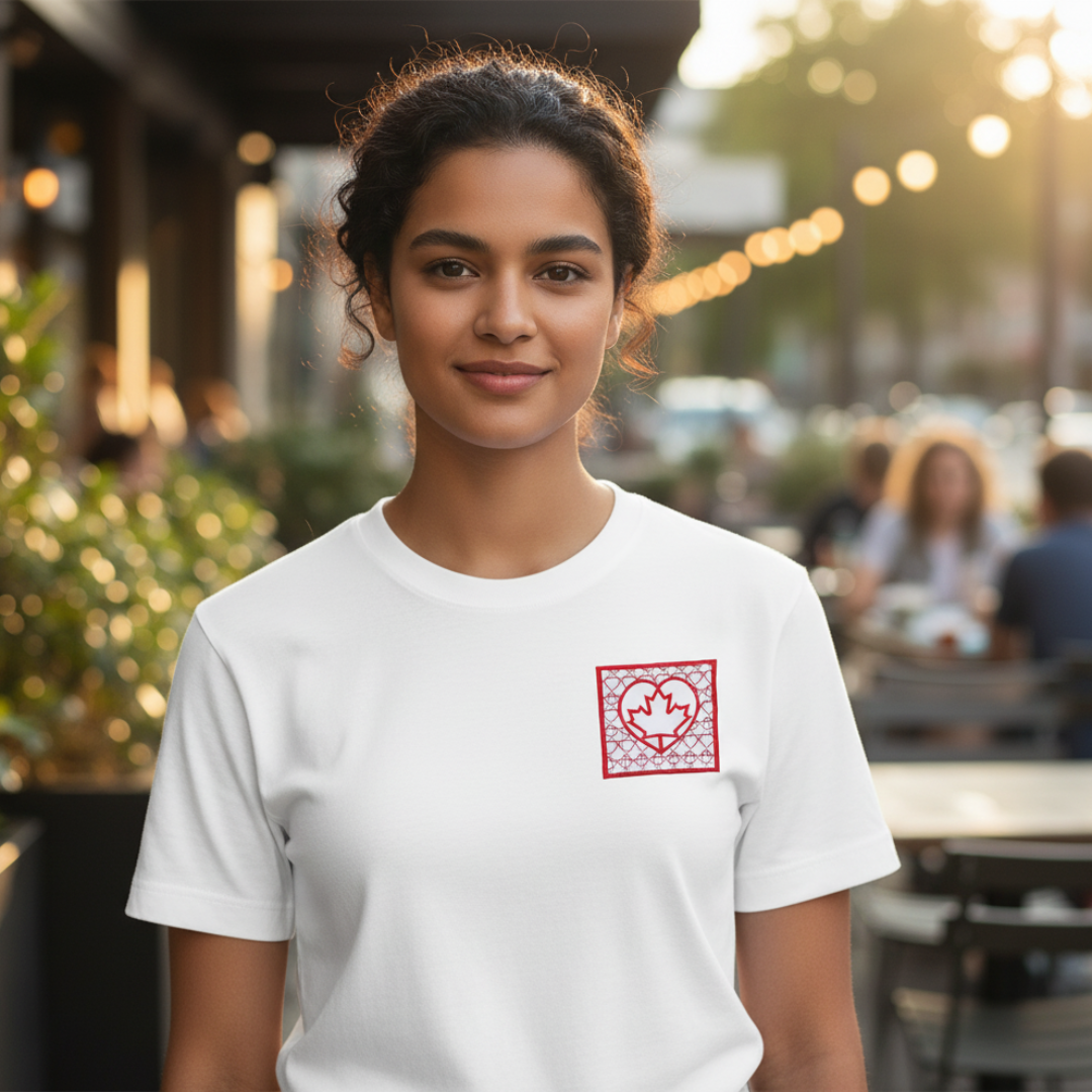 Woman in white t-shirt with a heart design, outdoors.