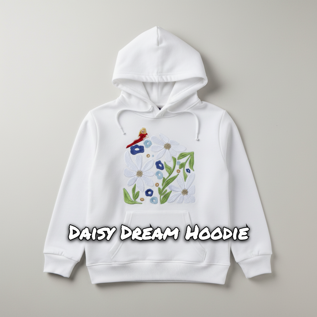 White hoodie with embroidered daisies, blue flowers, green leaves, and a red bird.