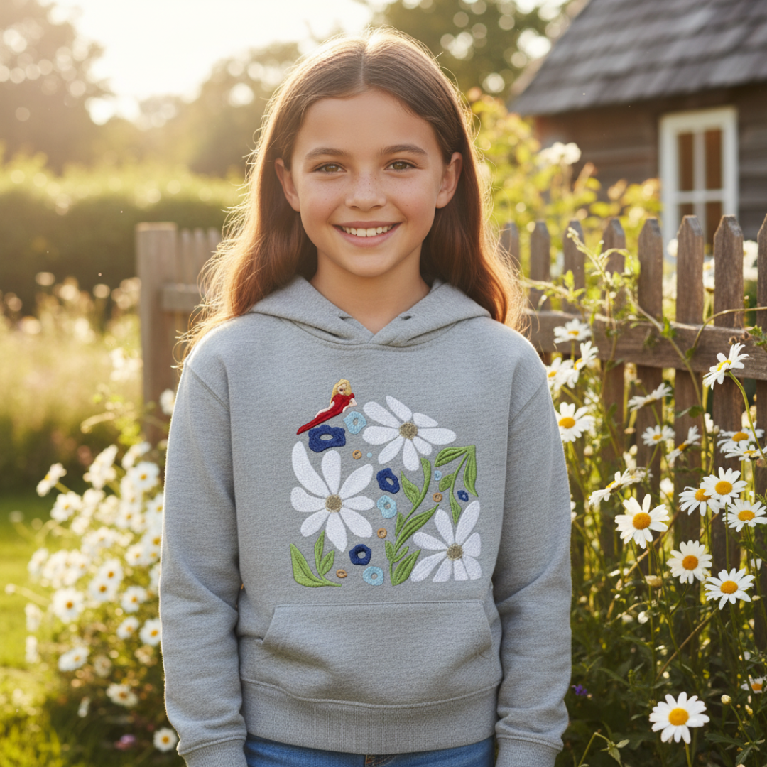 Girl in gray hoodie with daisy design smiles outdoors, near daisies and wooden fence.